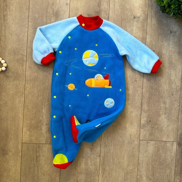 NEW Vintage Baby Boy Color Block Space Snap Footies Longalls One-Piece Little Me